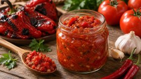 Домашна апетитка с печени чушки, домати и люти чушлета