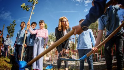 Фандъкова засади дръвчета в двора на столично училище