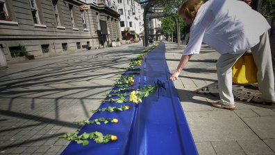 100-метрово синьо платно, жълти рози и играчки на пл. "Славейков"