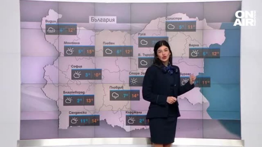Преминава облачна вълна с ръмежи на места, градусите скачат до 14