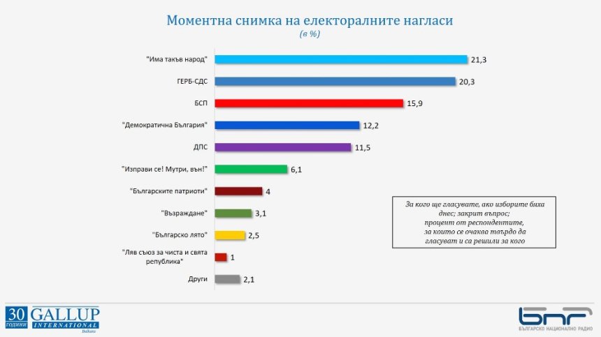 "Галъп": ИТН - 21,3%, ГЕРБ - 20,3%; "Българските патриоти" са на границата