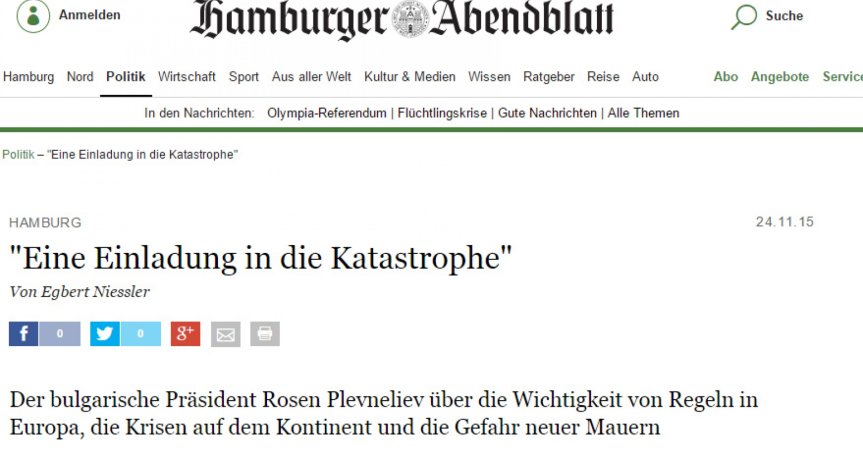 Плевнелиев пред Hamburger Abendblatt: Да отговорим на атентатите със солидарност и единство в Европа