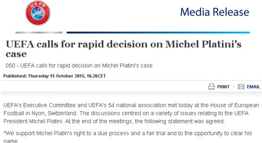UEFA подкрепя правото на защита на Платини