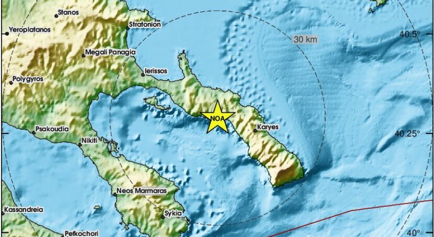 Трусът е бил на 108 км източно от Солун.