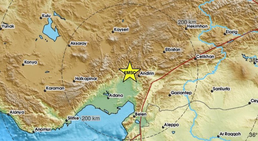 Епицентърът му е бил на разстояние 65 км северозападно от Османие.