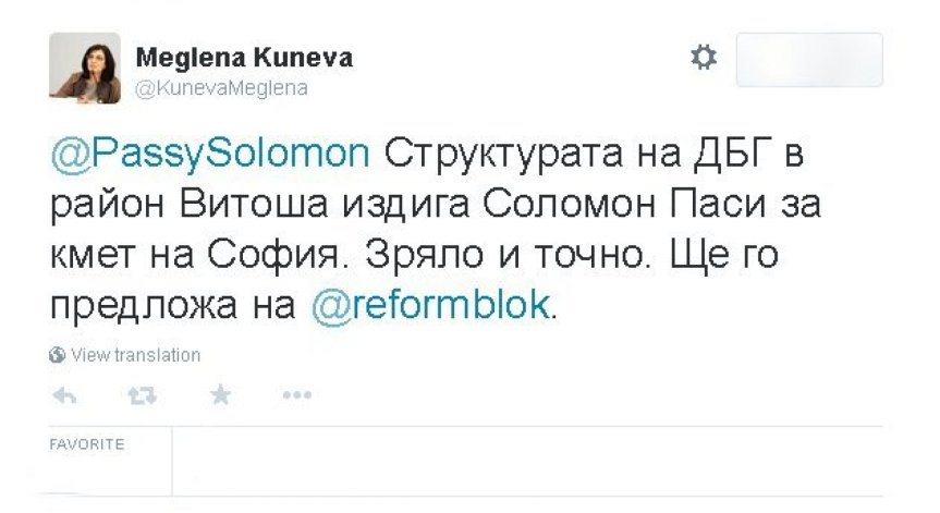Кунева номинира Соломон Паси за кмет на София