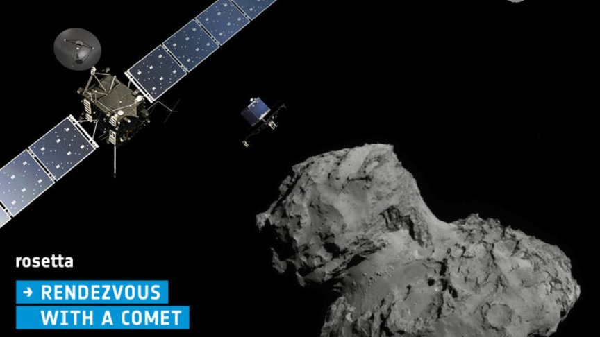 <p>Плакат на мисията на&nbsp;Rosetta, показващ&nbsp;разполагането на системата за кацане Philae на комета 67P / Churyumov - Gerasimenko</p>
